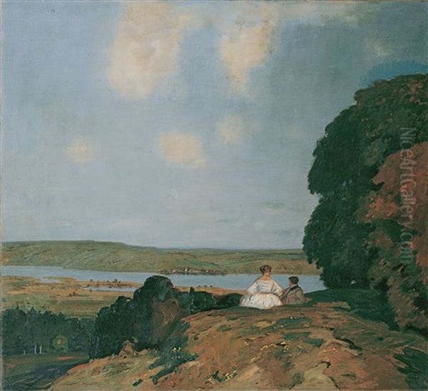 Paar Vor Flusslandschaft Oil Painting by Adolf Hengeler