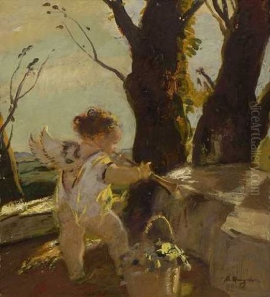 Schalmei Spielender Putto In Baumlandschaft Oil Painting by Adolf Hengeler