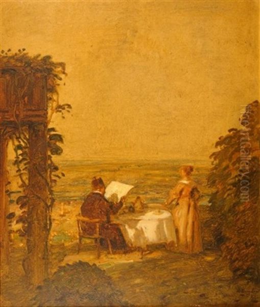 Der Ausblick. Paar Am Fruhstuckstisch Im Garten, Auf Weite Landschaft Blickend Oil Painting by Adolf Hengeler