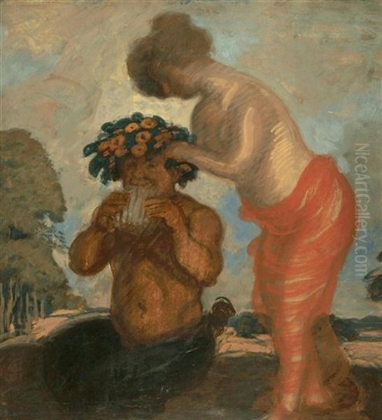 Pan Und Nymphe Oil Painting by Adolf Hengeler