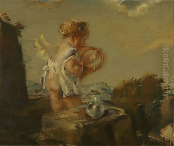 Musizierender Putto Oil Painting by Adolf Hengeler