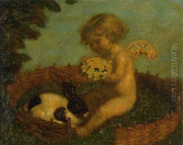 Putto Mit Fruhlingsblumenstrauss Und Kaninchen Oil Painting by Adolf Hengeler