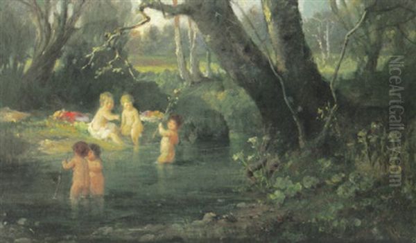 Waldbach Mit Spielenden Kindern Oil Painting by Adolf Hengeler