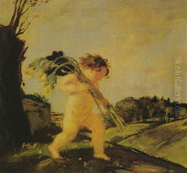 Putto Tragt Sonnenblumen Uber Das Feld Oil Painting by Adolf Hengeler