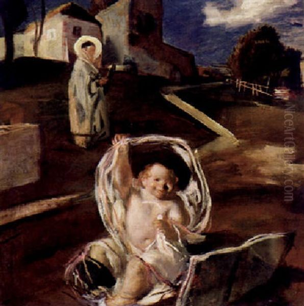 Heiliger Eremit Vor Kleiner Klosteranlage, Im Vordergrund Lachender Putto Mit Mutze Oil Painting by Adolf Hengeler