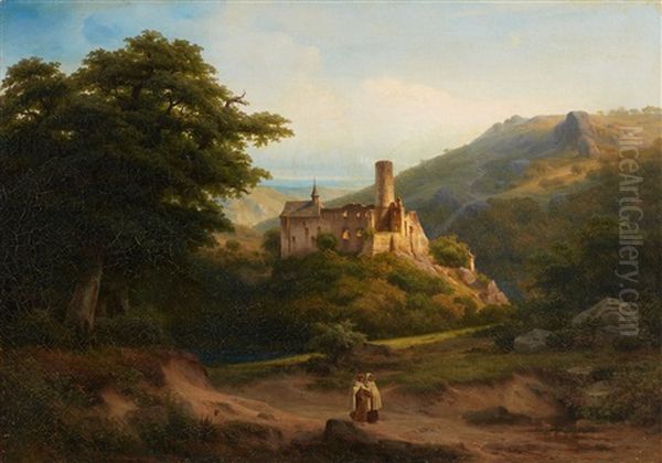 Mountainous Landscape With Castle Ruins And Two Monks Oil Painting by Franz Hengsbach