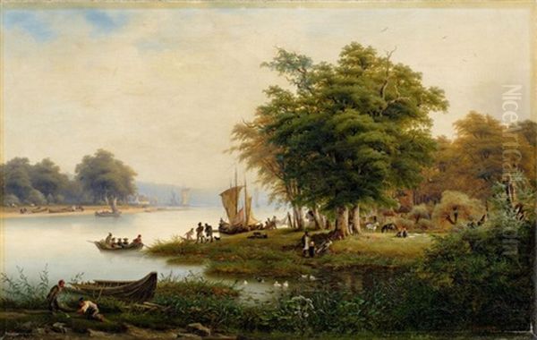 Bewaldete Rheinlandschaft Mit Ausblick Auf Einen Hafen Oil Painting by Franz Hengsbach