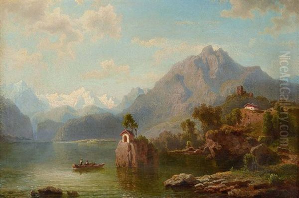 Gebirgssee Mit Boot Vor Einer Kleinen Kapelle Oil Painting by Franz Hengsbach