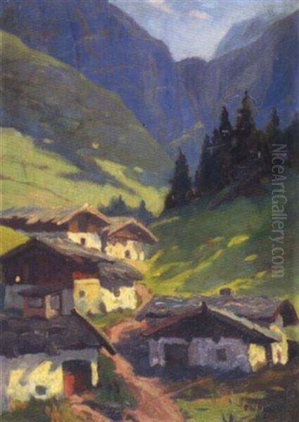 Tiroler Tal Mit Almhutten Oil Painting by Oswald Hengst