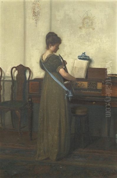 Gentleman Playing A Flute; Lady Playing A Guitar Oil Painting by Lionel Charles Henley