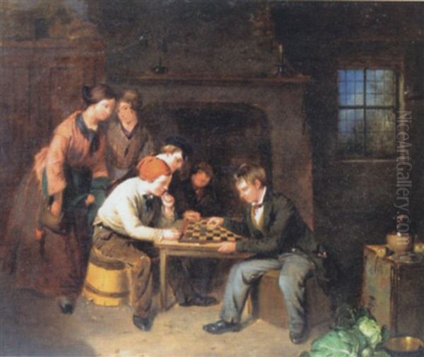 Interior Scene With Two Boys Playing Draughts Oil Painting by William Henley