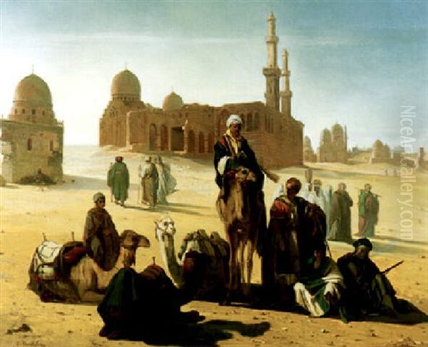 Pilgrims Outside The Tombs Of The Caliphs, Cairo Oil Painting by Andre Hennebicq