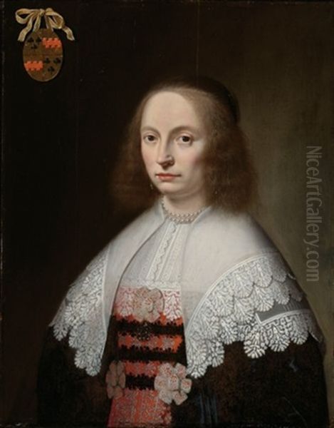 A Portrait Of A Lady Of The Beljaart Family, Half Length, Wearing A Black And Red Embroidered Dress With A White Lace Collar And Pearl Jewellery Oil Painting by Paulus Hennekyn