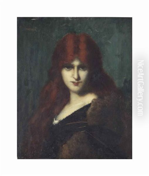 Portrait Of A Beauty With Long Red Hair Oil Painting by Jean Jacques Henner