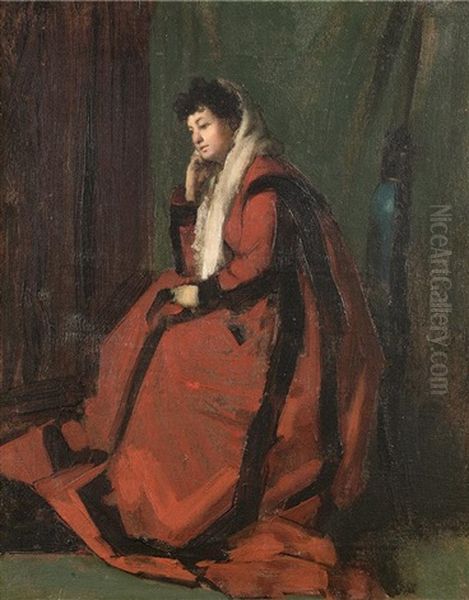 Jeune Femme En Rouge Dans Un Interieur Oil Painting by Jean Jacques Henner