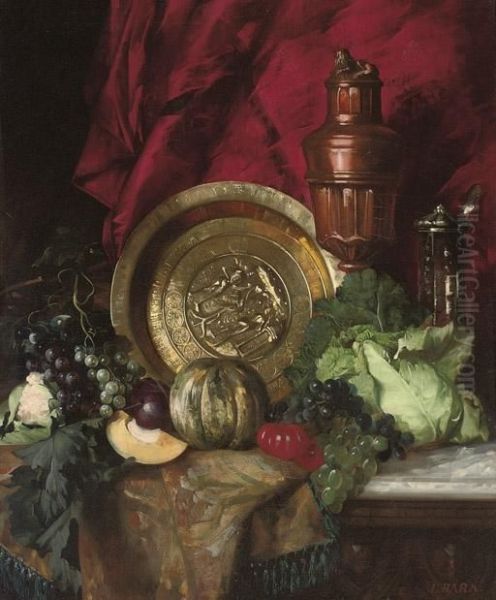 A Salver, A Copper Ewer, A Silver Vessel, A Cabbage, Grapes, Tomatoes, Melons On A Draped Table. Oil Painting by Leopold Bara