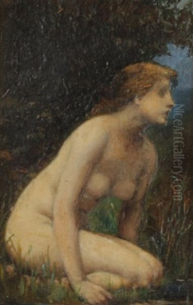 A Nude Girl Kneeling By A Riverbank Oil Painting by Jean Jacques Henner