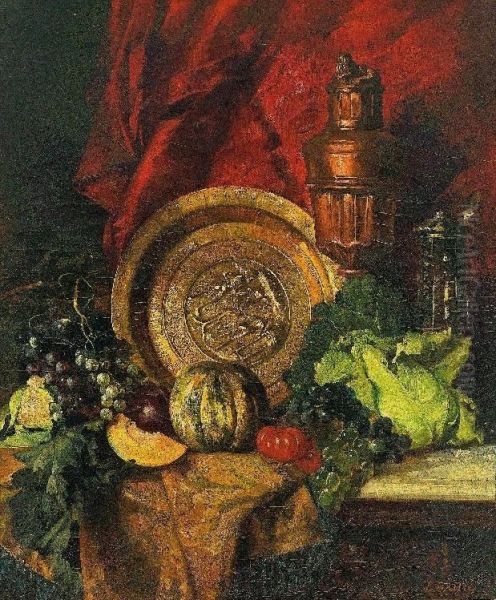 Stilleben Mit Beckenschlagerschale, Obst, Gemuse Und Krug, Malerisch Arrangiert Oil Painting by Leopold Bara