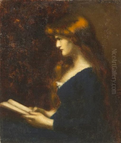 Portrait Of A Young Woman Reading Oil Painting by Jean Jacques Henner