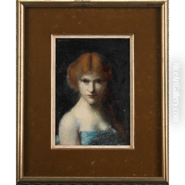 Woman With Red Hair Tied Back Wearing A Blue Dress Oil Painting by Jean Jacques Henner