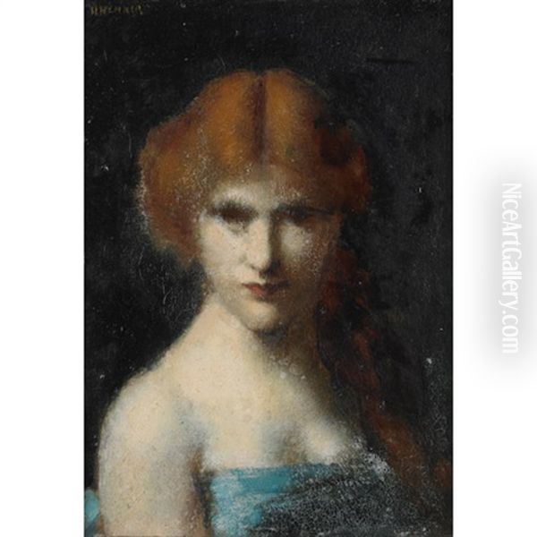 Woman With Red Hair Tied Back Wearing A Blue Dress Oil Painting by Jean Jacques Henner