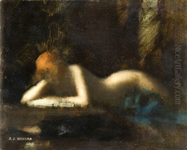 Etude Pour La Femme Qui Lit Ou La Liseuse (+ Une Etude De Femme Nue De Dos Au Crayon; Verso) Oil Painting by Jean Jacques Henner