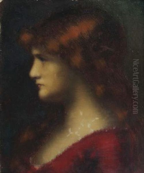 Jeune Femme Rousse De Profil En Robe Rouge Oil Painting by Jean Jacques Henner