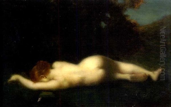 Jeune Femme Nue Allongee Dans Un Pre Se Mirant Dans Un Ruisseau Oil Painting by Jean Jacques Henner