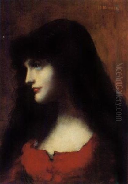 Profilportrat Einer Dame In Rot Oil Painting by Jean Jacques Henner