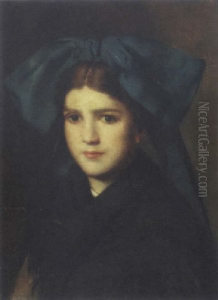 A Young Girl Wearing A Blue Ribbon Oil Painting by Jean Jacques Henner