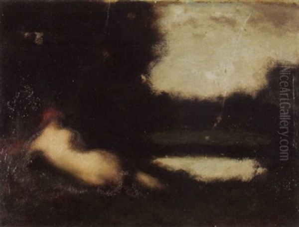 Liegender Weiblicher Ruckenakt In Landschaft Oil Painting by Jean Jacques Henner