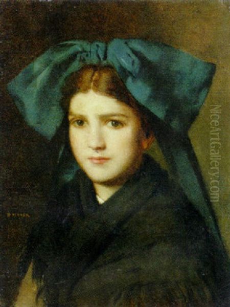 A Young Girl Wearing A Blue Hair Ribbon Oil Painting by Jean Jacques Henner