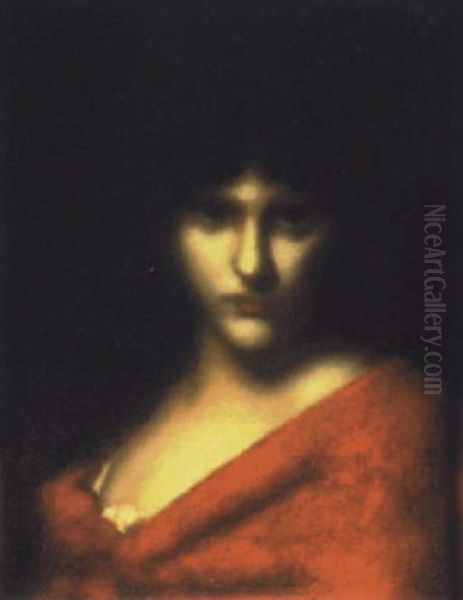 Girl In A Red Dress Oil Painting by Jean Jacques Henner