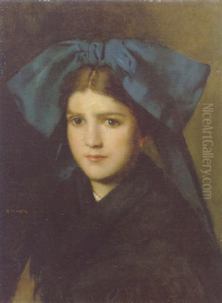 Portrait D'une Fille Avec Un Noeud Dans Les Cheveux Oil Painting by Jean Jacques Henner