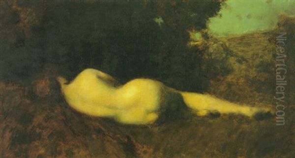 A Reclining Nude In A Landscape Oil Painting by Jean Jacques Henner