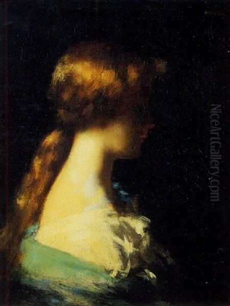 Jeune Femme De Profil A Droite Au Chale Bleu Oil Painting by Jean Jacques Henner