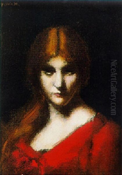 Portrait De Jeune Femme Rousse Au Corsage Rouge Oil Painting by Jean Jacques Henner