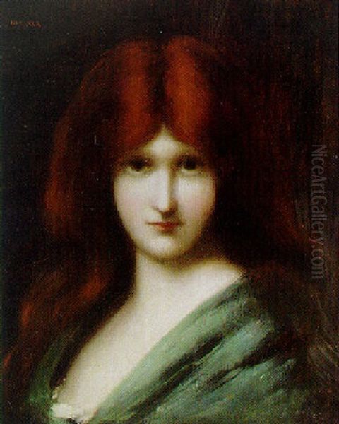 Red Haired Beauty Wearing A Green Shawl Oil Painting by Jean Jacques Henner