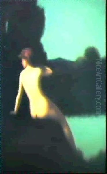 Seated Nude In A River Land- Scape Oil Painting by Jean Jacques Henner