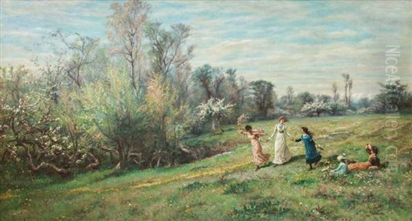 Children In A Meadow Oil Painting by William John Hennessy