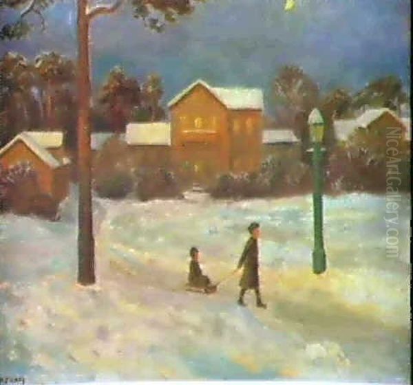 A Winter Evening Oil Painting by Otto Hennig