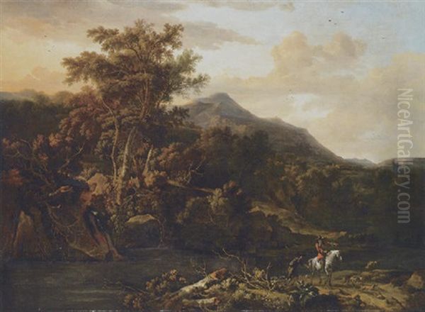 An Italianate Mountain Landscape With A Sportsman And His Attendant By A River Oil Painting by Adriaen de Hennin