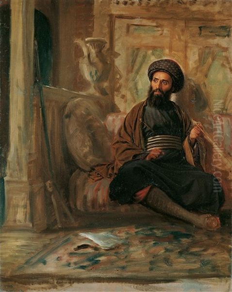 Interieur Mit Rauchendem Orientalen (+ Kopf Eines Turbantragers, Verso) Oil Painting by Adolf Henning