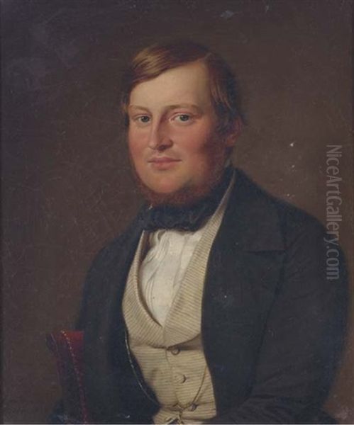 Portrait Of A Gentleman, Half-length, With A Striped Waist Coat And Black Neck-tie Oil Painting by Adolf Henning