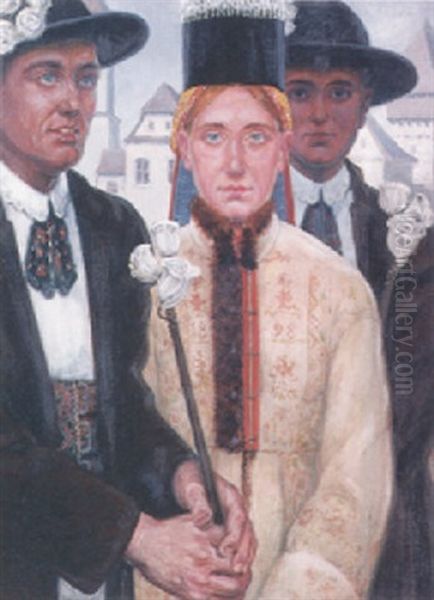 Brautpaar Der Banater Schwaben Mit Brautfuhrer In Ihrer Malerischen Tracht Oil Painting by Theo Henning