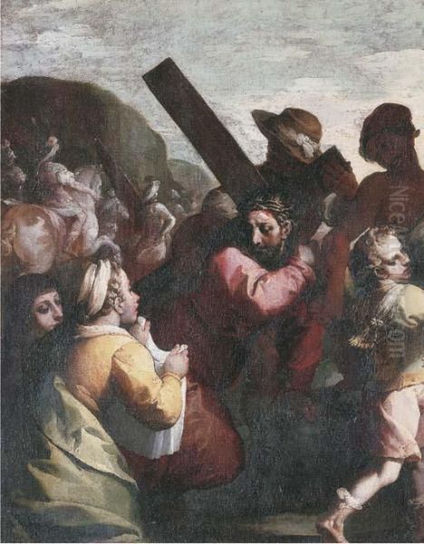 Christ On The Road To Calvary With Saint Veronica Holding Thesudarium Oil Painting by Simone Barabino