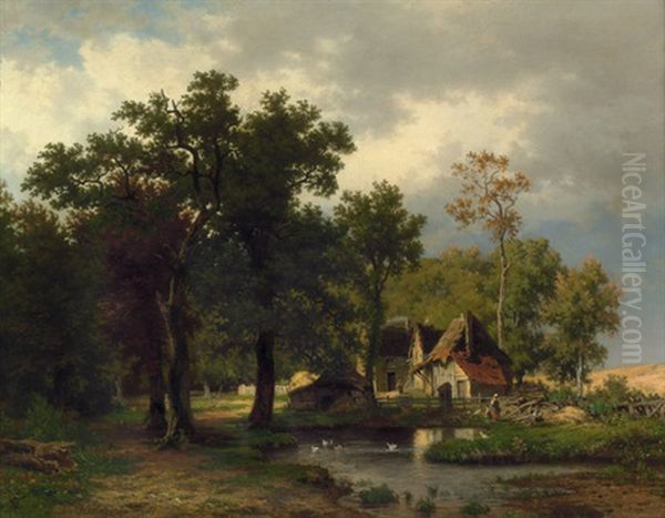 Kleines Bauerngehoft An Einem Ententeich Im Wald Oil Painting by Johann Friedrich Hennings