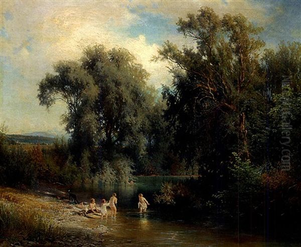 Badende Kinder Im Ammertal Bei Pahl Oil Painting by Johann Friedrich Hennings