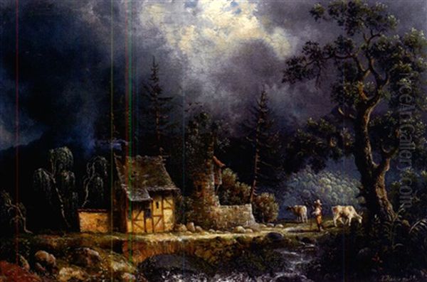 Romantische Weidelandschaft Mit Malerischem Gehoft Und Kleiner Ruine Oil Painting by Johann Friedrich Hennings