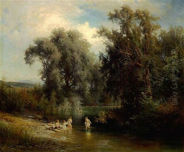 Badende Kinder Im Ammertal Bei Pahl Oil Painting by Johann Friedrich Hennings